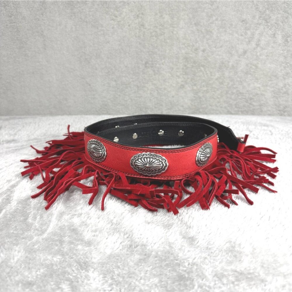 Kate Cate Red Calfskin Leather Fringe Shoulder Strap With Silver-Tone Conchos 36